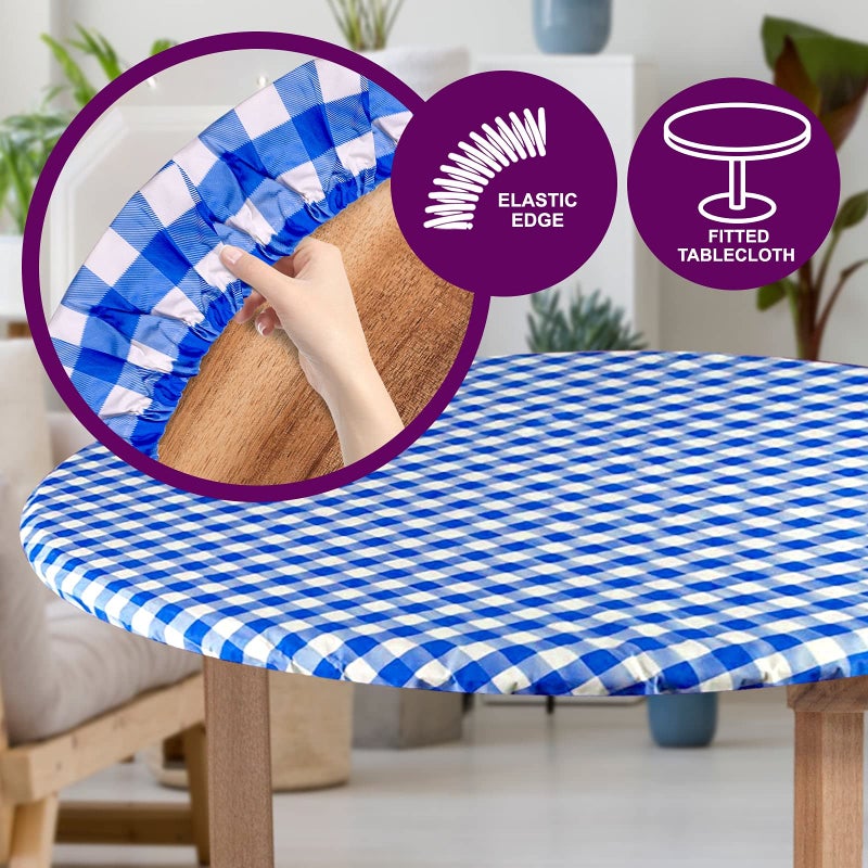 Sorfey Round Tablecloth -Fitted with Elastic, Vinyl with Flannel Back, Fits for Table 42 Inches Round,Water Proof, Easy to Clean, Checked Blue Design - Image 3